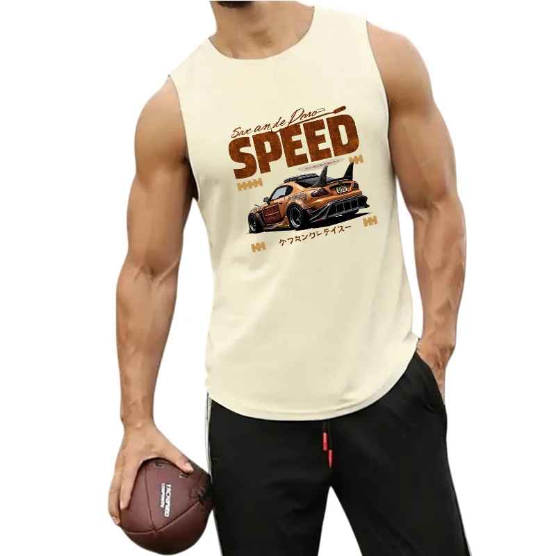 Europäische Herren-Trainingsweste, Sommer Atmungsaktives Mesh Ärmelloses Top für Laufen, Fitness, Athletik, Rundhals-Oberteil mit Aufdruck