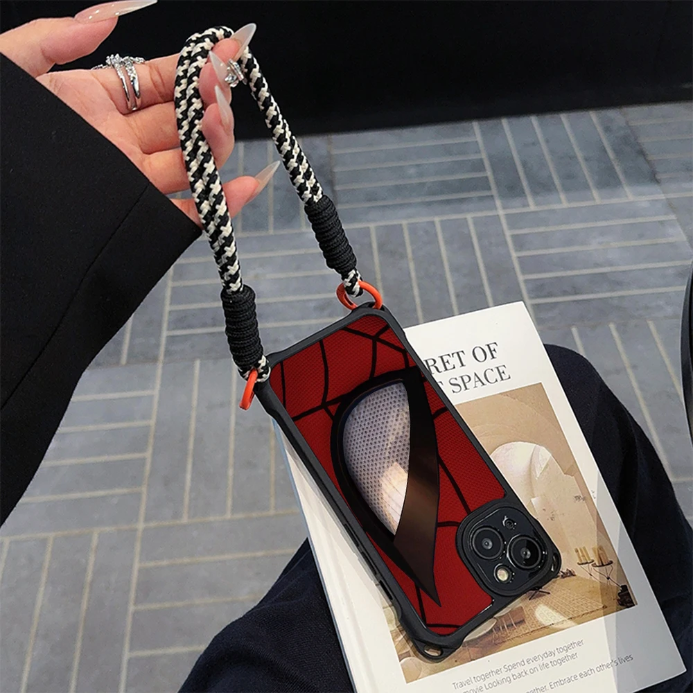 for iPhone 16 15 14 13 12 11 Pro Max Soft Phone Case Four corners anti-drop With Lanyard Rope SS91 Spider-Man design Art