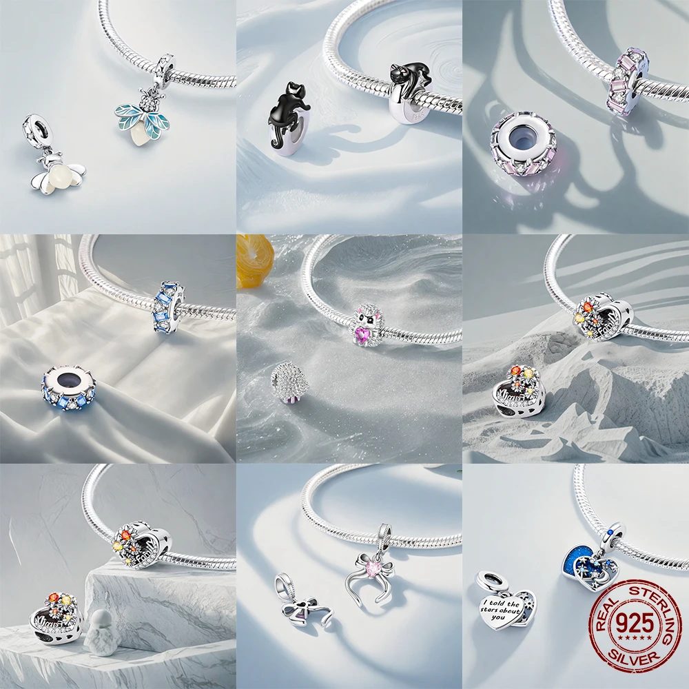 Heiße Verkäufe 925 Silber Glühwürmchen Rosa Schleife Charms Perlen Fit Original Charms Armband Baumeln für Frauen DIY Edlen Schmuck Machen