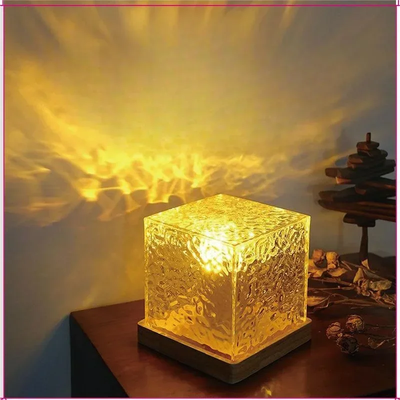 New Dynamic Light And Shadow Atmosphere Light Square Imitation Wood Rotating Water Pattern Flame Night Romantic Gift