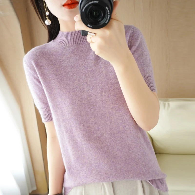 

Осенне-зимний женский свитер с высоким воротником, облегающий, вязаный, короткий рукав, базовый слой, корейский стиль, для повседневной носки