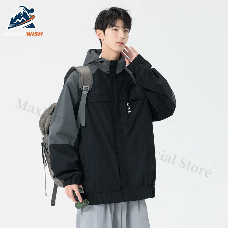 

MONEYWISH Мужская куртка 2025 Спорт на открытом воздухе Ветрозащитная свободная дышащая куртка с капюшоном Повседневная функциональная рабочая одежда Ветровка с капюшоном