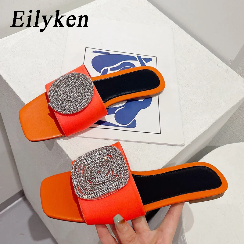 Eilyken Fashion Glitter Crystal Diamond Woman Slippers Square Toe Flat Heels Sandal Summer Leisure Beach Vacation Shoes