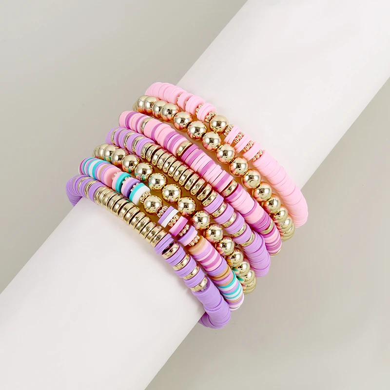 7Pcs/Set Multicolor Polymer Clay Beaded Stretch Bracelet for Women Boho Beach Heishi Bracelet Y2k Jewelry Gift