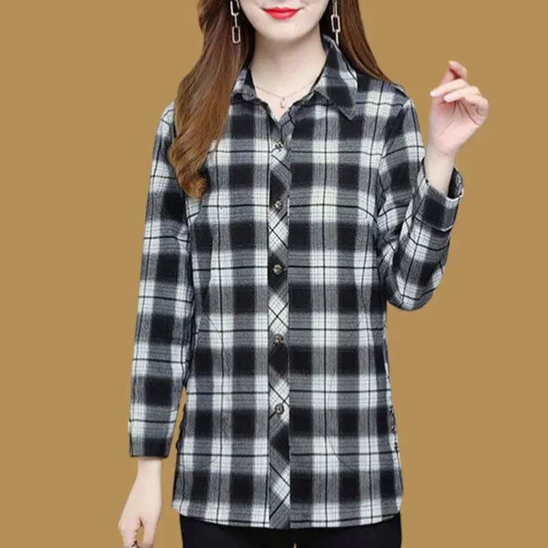 Frühling Herbst Elegante Mode Harajuku Plaid Tops Frauen Lose Beiläufige Alle Spiel Dame Hemd Polo Kragen Taste Langarm Blusa