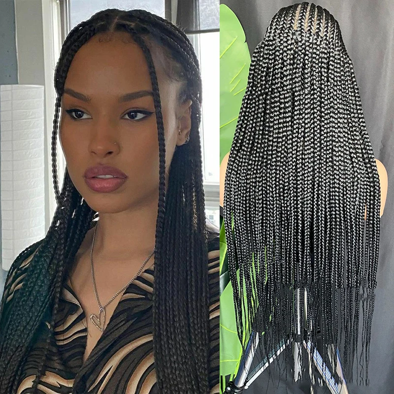 

Natural Black Ponytail 34 inch Long Braid Transparent Lace Wigs Hand Braided Box Braid Full Lace Wig For Women With Baby Hair