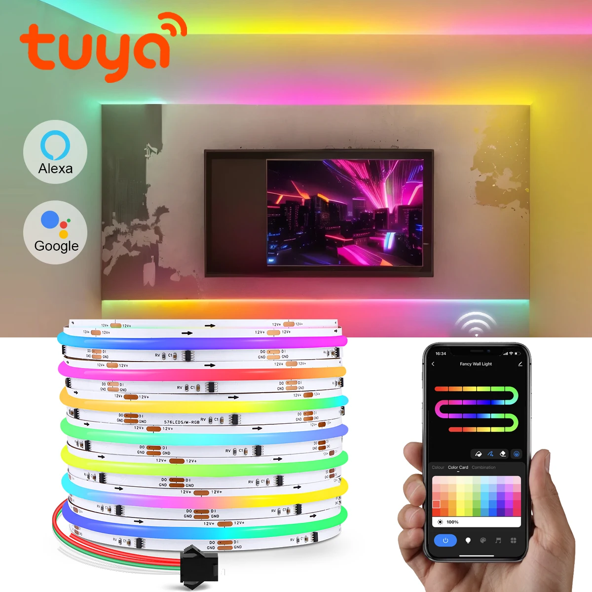 Tuya Smart WiFi RGBIC COB Neonowa taśma LED Adresowalna WS2811 IC RGB Ściemnialna dekoracja pokoju Lampa otoczenia Taśma Alexa Google Home