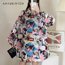 European Station 2024 Autumn New Design Sense Cartoon Printed Polo Collar Single-Breasted Loose Shirt Top Women's Cool Blusas