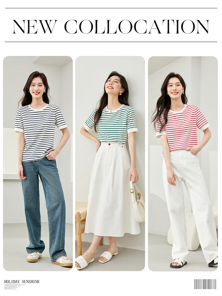 Vimly Contrast Striped Cotton Short Sleeve Women\'s T-shirt 2024 Summer Woman Simple Loose Casual Round Neck Pullovers Top M6563