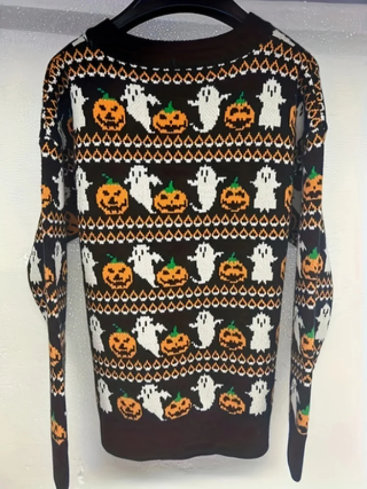 2024 sweter damski Halloween gotycki nadruk w dynię kobiecy elegancki modny sweter jesienno-zimowy ciepły sweter z dzianiny