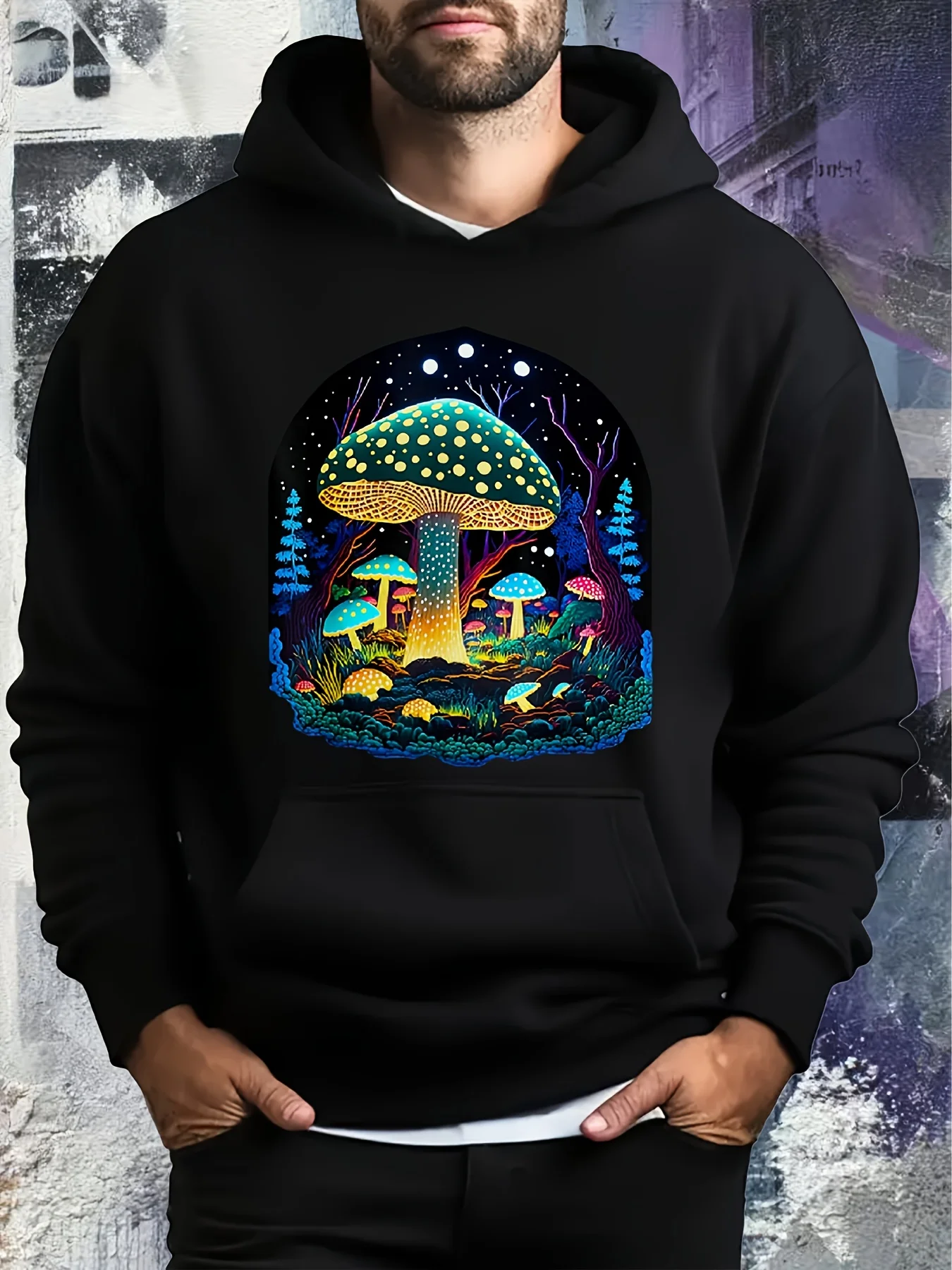 Men's and Women's Same Magic Forest Mushroom Hoodie - Luminous Mushroom Printed Sweater, Bioluminescent Night Sky Design, Cotton Blend Pullover Sweater, Kangaroo Pocket Design, Casual Wear and Game Day Wear Dual-purpose