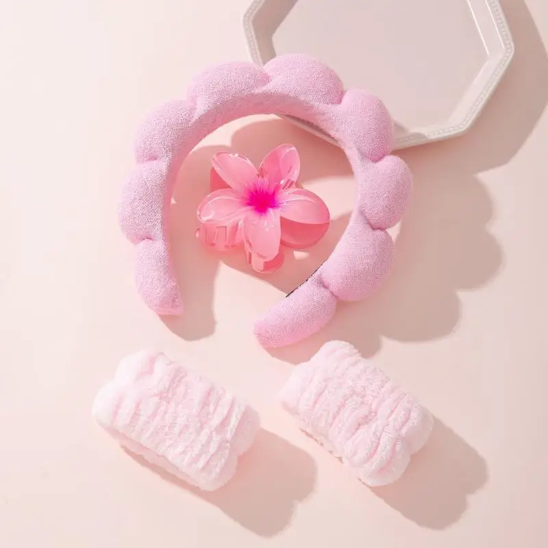 4 6pcs Plush Skincare Headband Set Matched With Absorbent Wrist Bands And Cute Flower Hair Claw For Facial Cleansing Makeup Dail