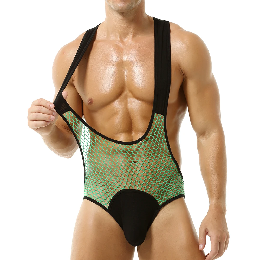 

Mens Undershirts Leotard Fishnet Mesh Exotic See Through Sissy Bodysuits Breathable Sheer Gay Underwear Singlet Jumpsuits Vest