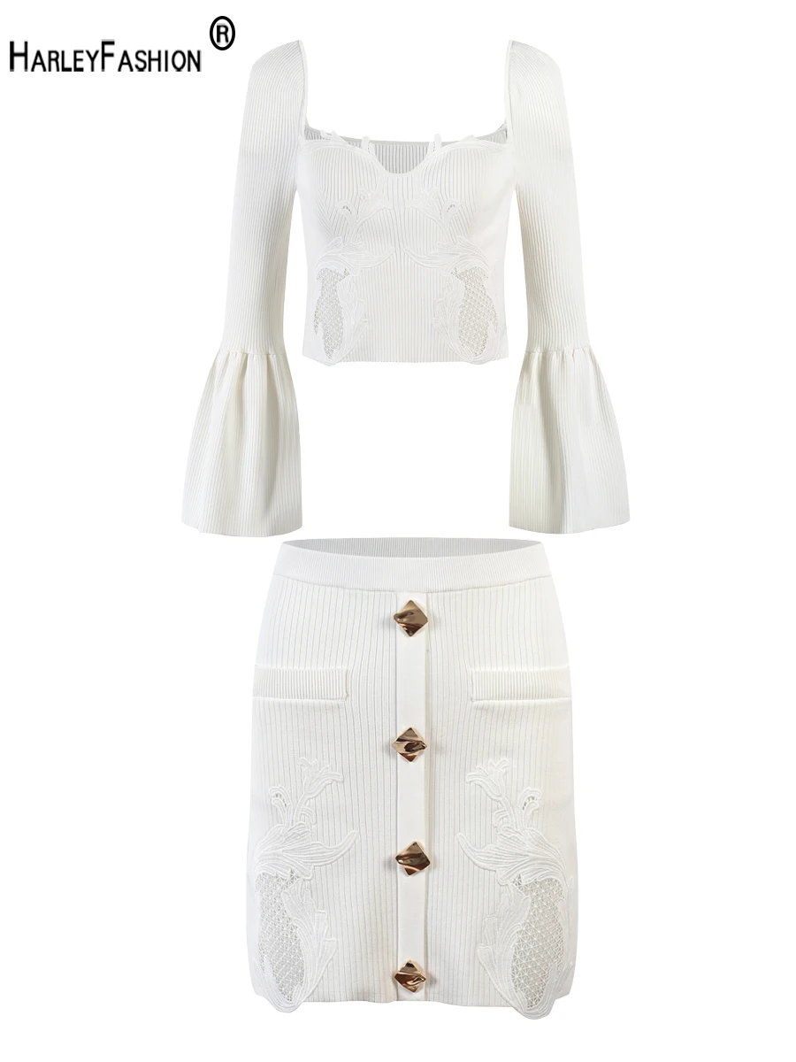 

Y2K Stylish Short Length Flare Sleeve Embrodiery Knitted Top Mini Sheath Skirt Solid White Two Pieces Sets