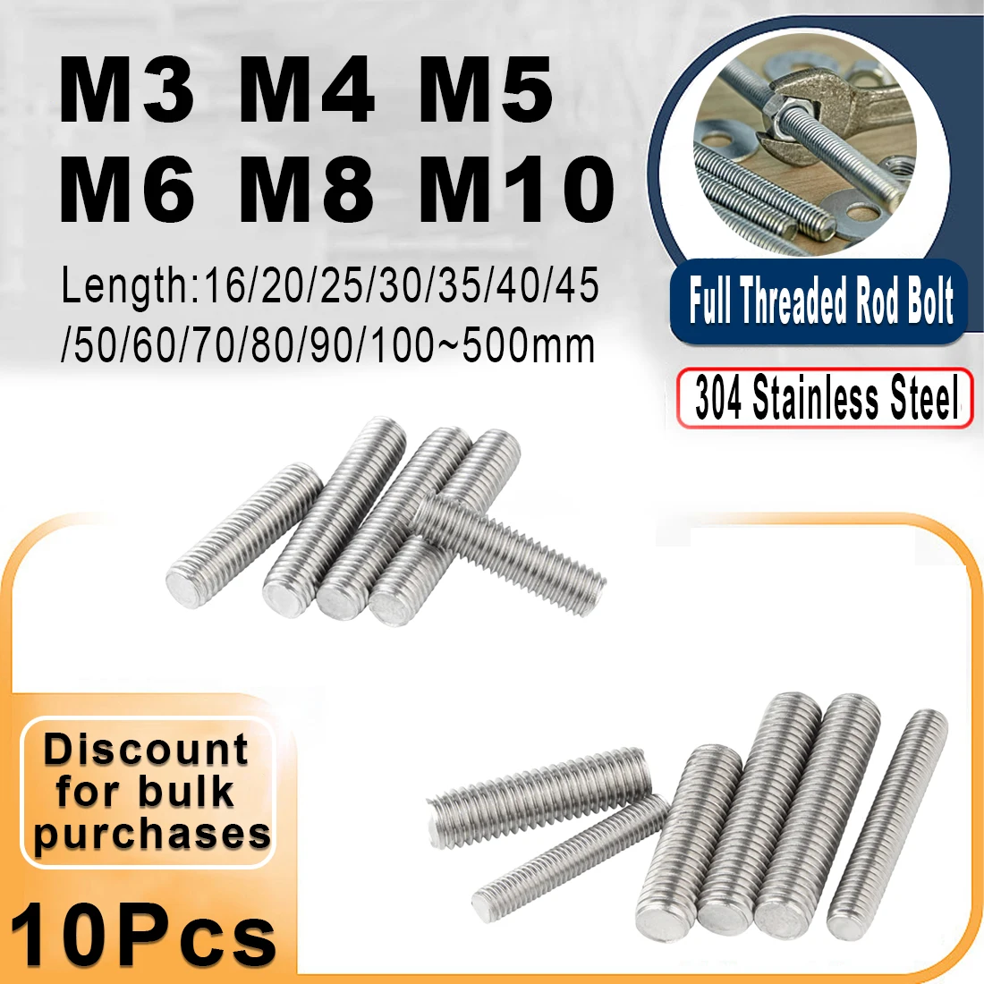 

304 Stainless Steel Full Threaded Rod Bolt M3 M4 M5 M6~M12 Length 16mm-500mm Fully Metric Headless Bolt Thread Stud Rods Screws