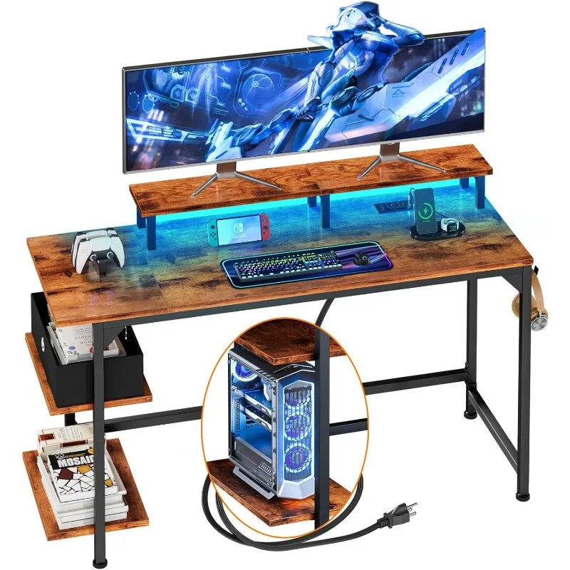 

Desk with Power Outlets and LED Lights, 47" Computer Office Desk with Shelves and Fabric Drawer, Reversible Gaming Study