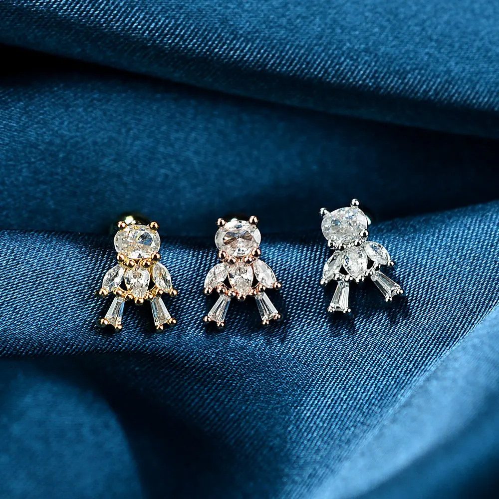 1Piece Fashion Sweet Crystal Flower Small Bear Stud Earrings  Women Cute Animal Piercing Earring For Teen Girls Accessories Gift