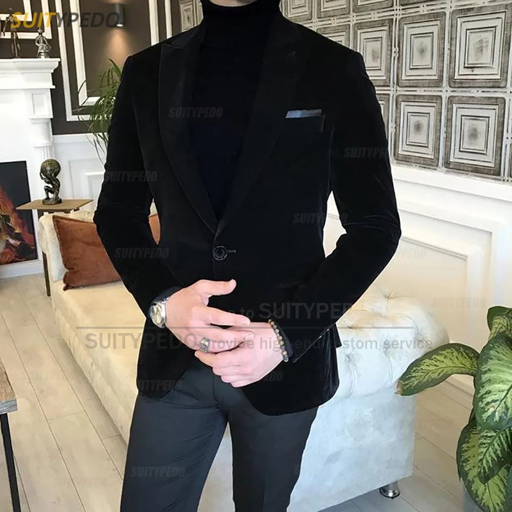 Fashion Black Velvet Blazer for Men Slim Fit 1 Button Peak Lapel Suit Jacket Luxury Prom Business Wedding Tuxedo Coat 1 Piece