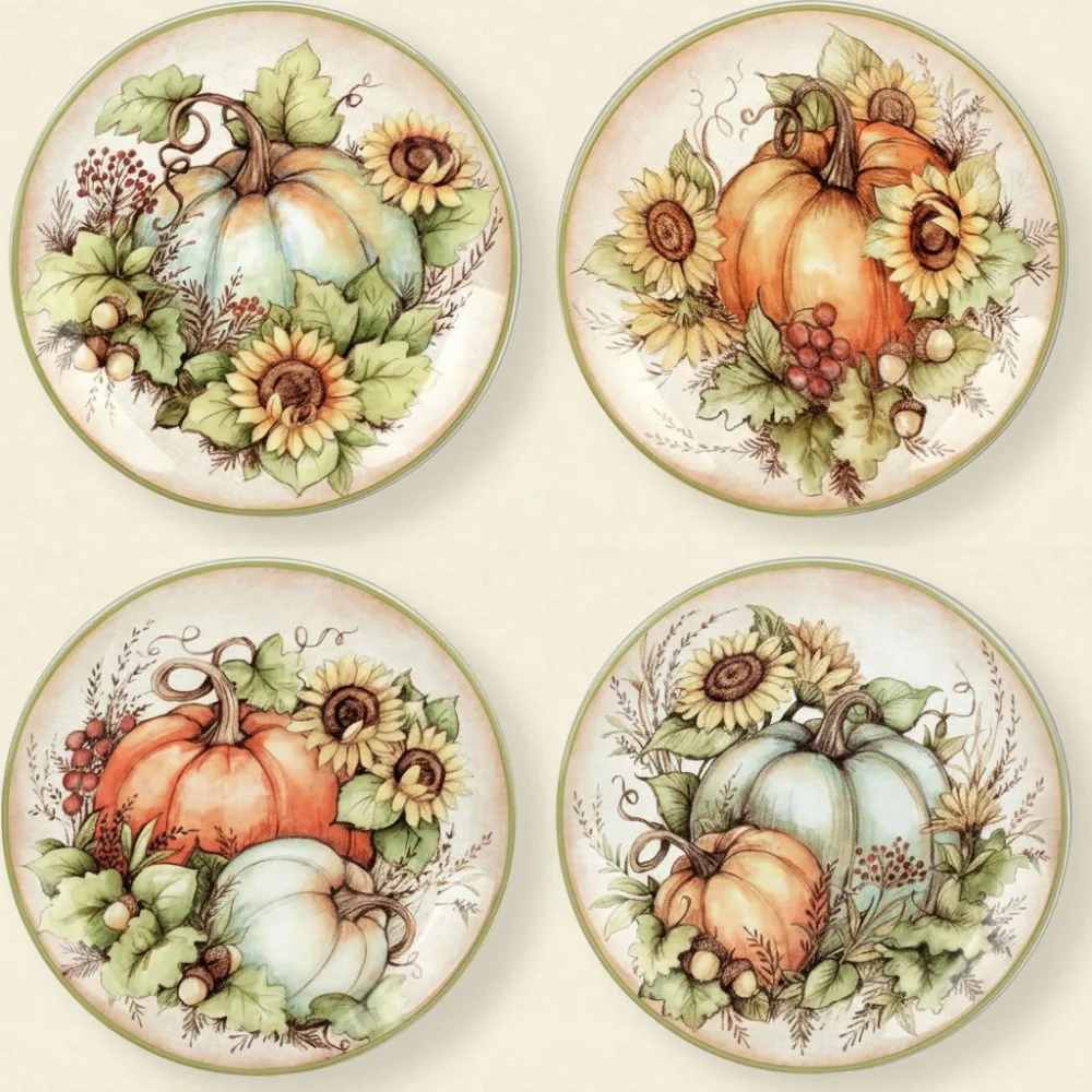 

Autumn Harvest 4-Piece Earthenware Salad Plates Set - Rustic Floral Pumpkin Design for Seasonal Dining & Home Decor