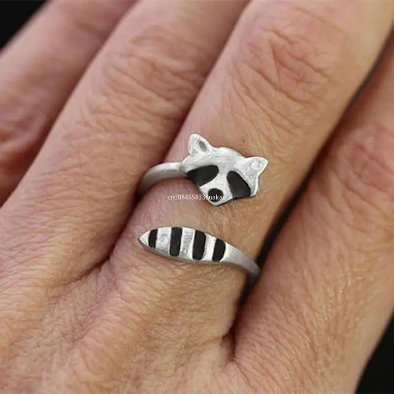 Fashion Creative Silver Color Raccoon Female Ring Cute Animal Opening Rings for Women Party Adjustable Jewelry Anillos Gifts