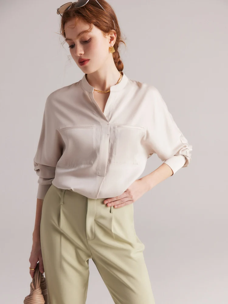 SuyaDream, Women Solid Blouses, 100%Real Silk, V Neck Chest Pockets Chic Shirts, 2024 Spring Summer Office Lady Top