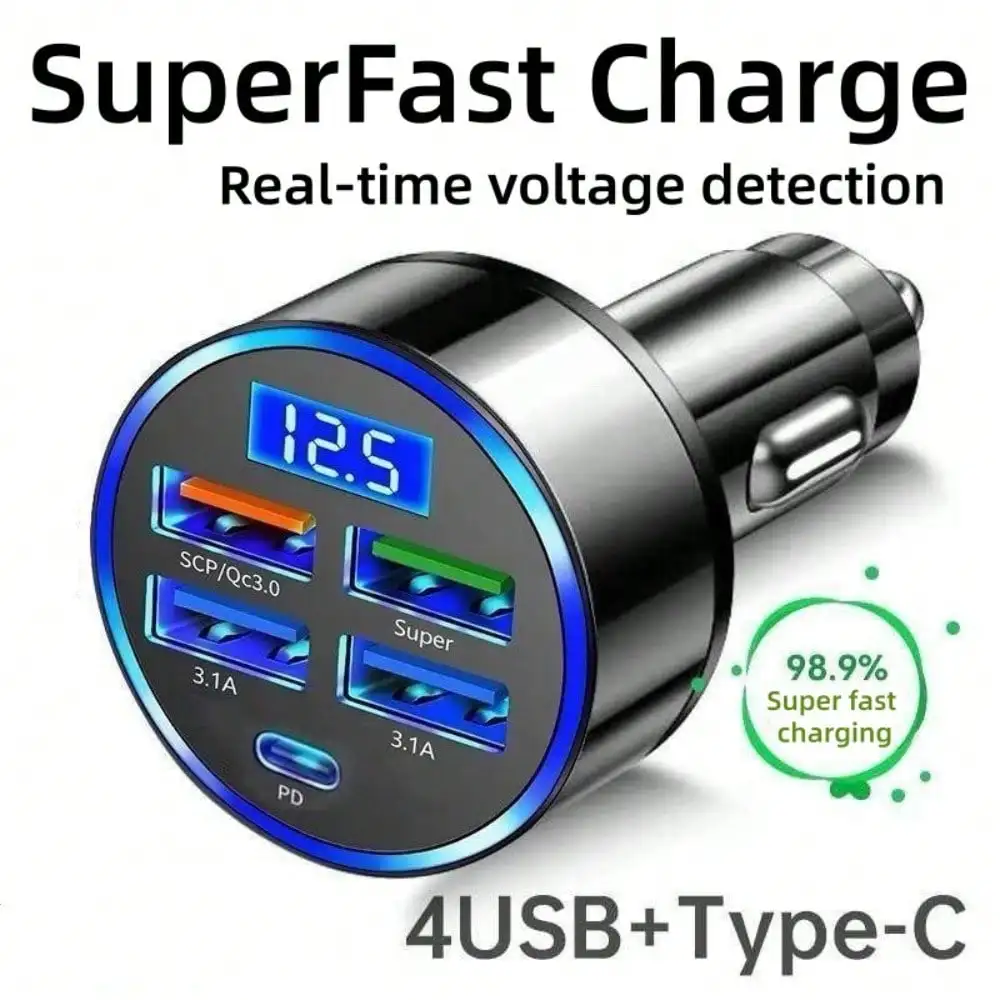 

Автомобильное зарядное устройство 15,5 Вт с 4 USB-портами и цифровым дисплеем Type-C, 5В 3,1А, с функцией определения напряжения, многопортовый автомобильный адаптер питания