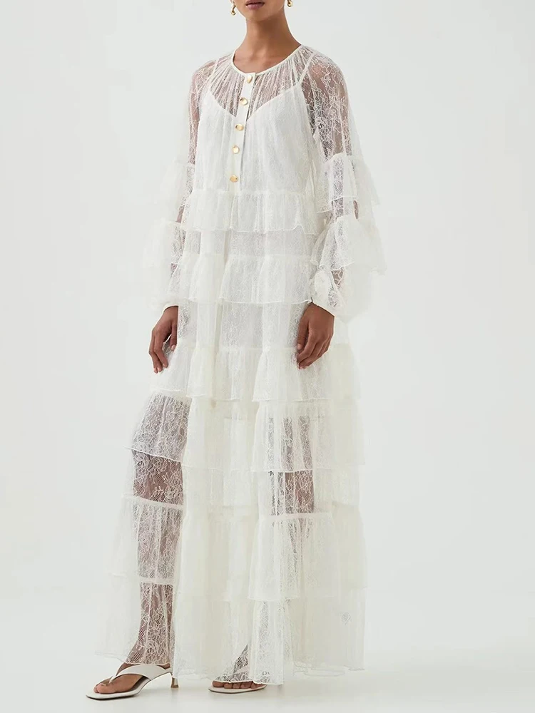 2026 summer women's clothing retro pullover sexy see-through lace dress fashion multi-layered ruffle loose long tutu skirt