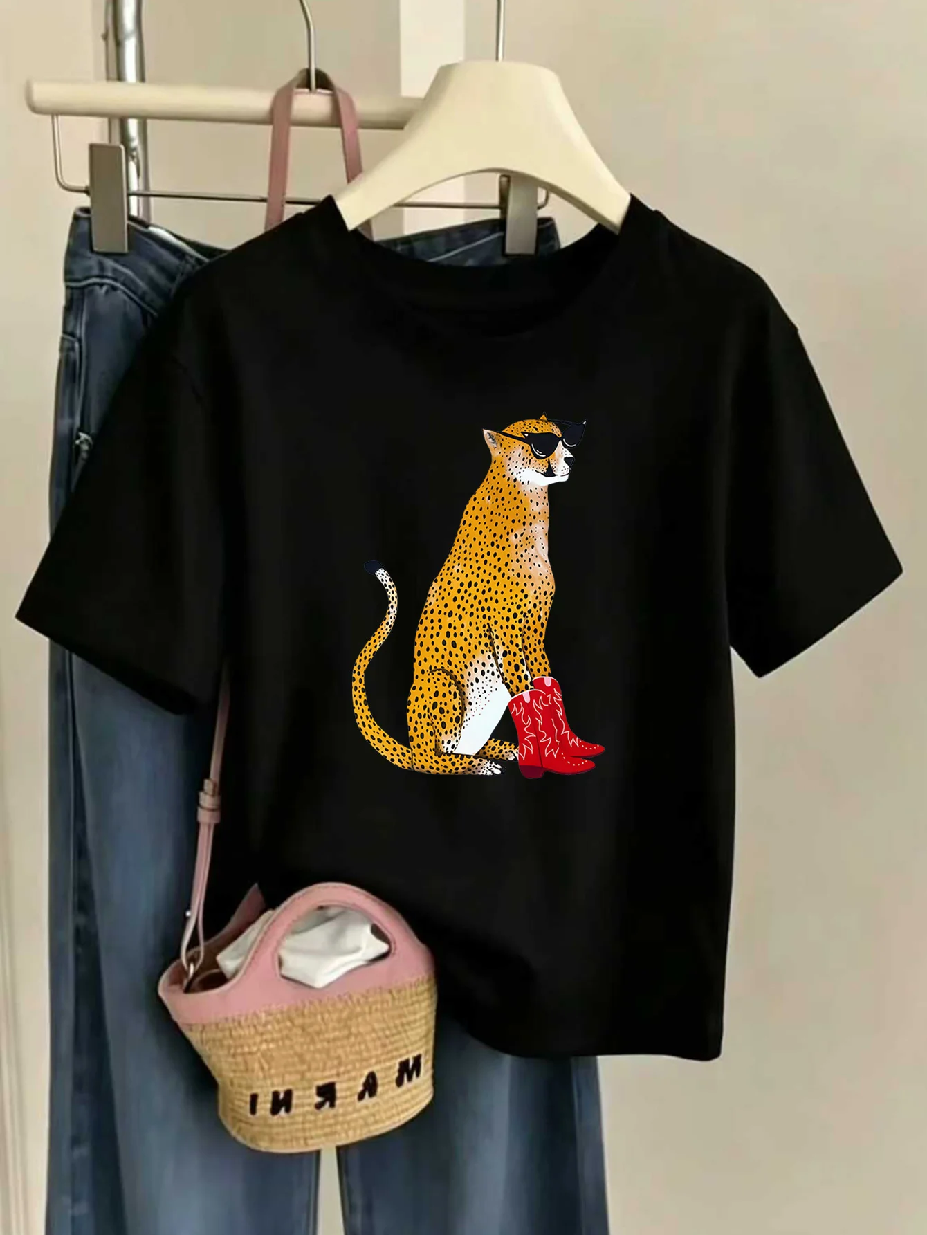 Family Matching Kids Tee Cool Cheetah Cowboy Graphic Short Sleeve Cotton T Shirt Girls Boys Parent Child Hip Retro Casual Wear