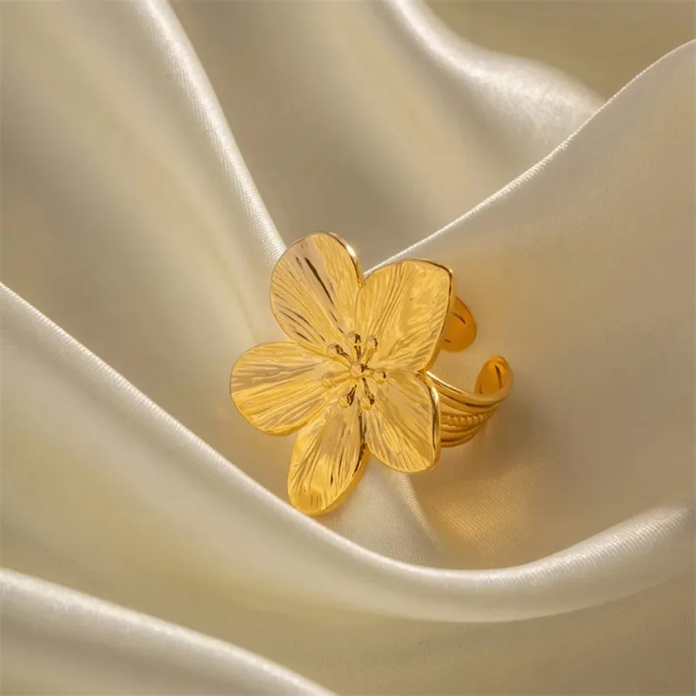 High Quality Vintage Flower Ring For Ladies Delicate Trendy Geometric Opening Ring Stainless Steel Gold Plated Index Finger Ring