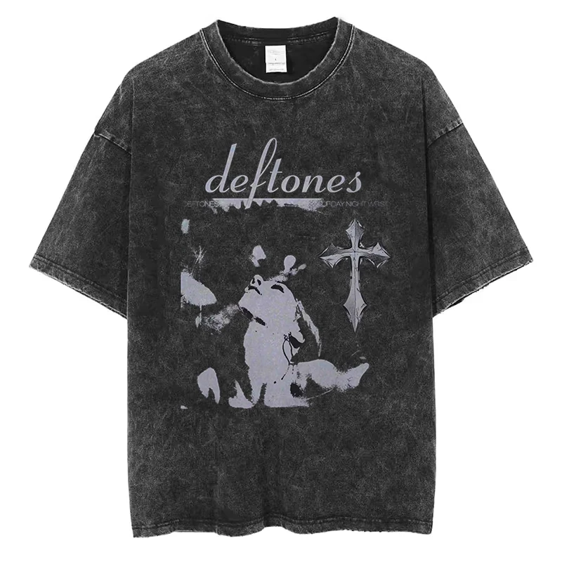 

2025 Hip Hop Deftones Men Women Size Summer Washed T Shirt Vintage Print Cotton Tshirt Fashion Design Tee Streetwear Unisex Top