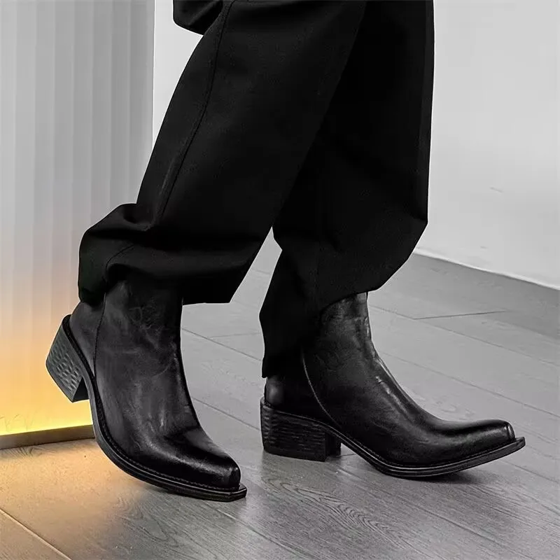 2025 Increase British Style Fashion Thick-soled Men's Chelsea Niche Wizard Big Upturned Motorcycle Boots