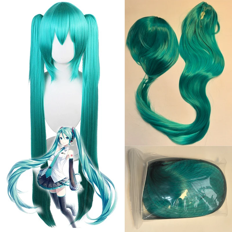 Miku Anime Cosplay Perücke, 110 cm, doppelter Pferdeschwanz, hitzebeständige Kunstfaser-Perücke für Damen und Herren, Mikuo, Halloween, Weihnachten, Kopfbedeckung – Detail 2