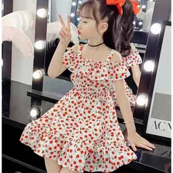 2024 Summer kid strapless Girls Long Teenager suspender square daisy chiffon layered princess slip dress party 4 8 10 12  Years