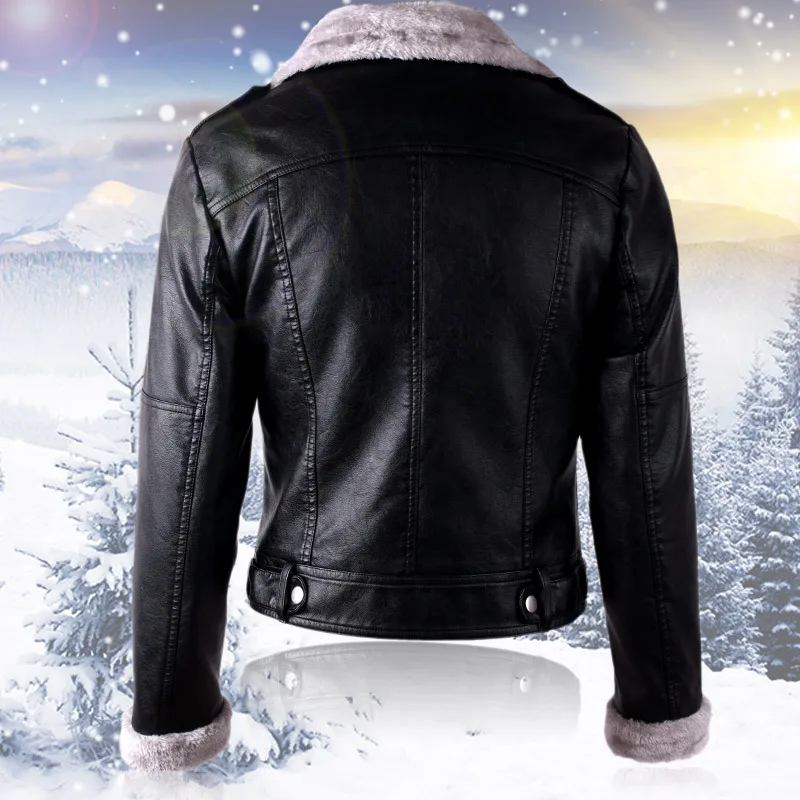 PU Leather Jacket Women\'s Winter Short Motorcycle Suit Big Collar Long Sleeves Plush and Thick Leather Jacket