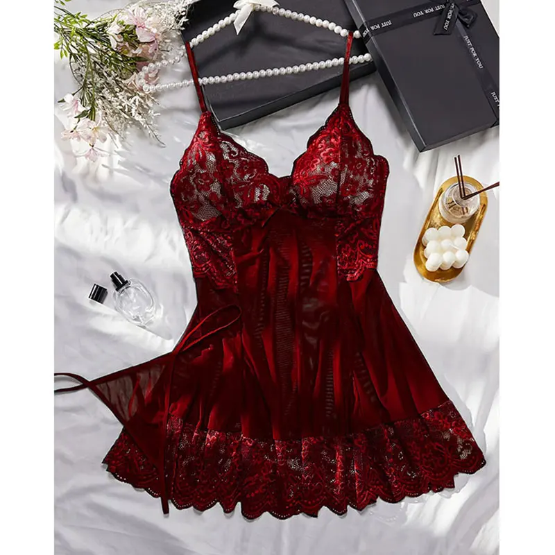 جديد الصيف الرسن ثوب النوم شفافة الأحمر الملابس الداخلية الإناث مثير منامة تول فستان سهرة مريح المرأة بيجامة سلسلة مجموعة