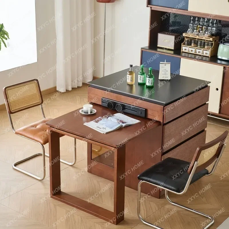 HSolid wood island dining table integrated household retractable new Bauhaus medieval style