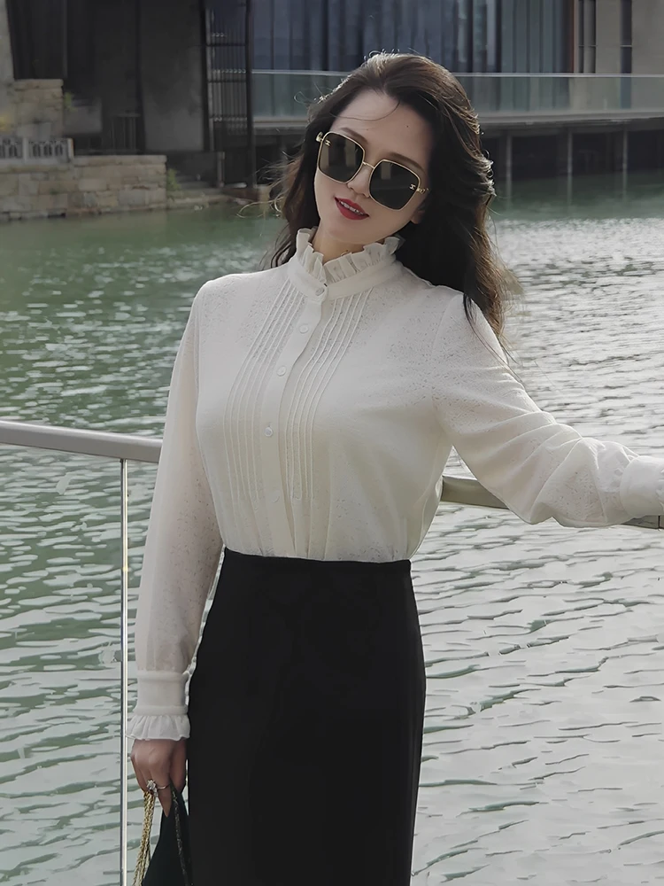 

Романтичный белый деревянный топ с рюшами для женщин, весна-осень 2026, новинка, премиум-класс, французский стиль, из смесового хлопка, с длинными рукавами