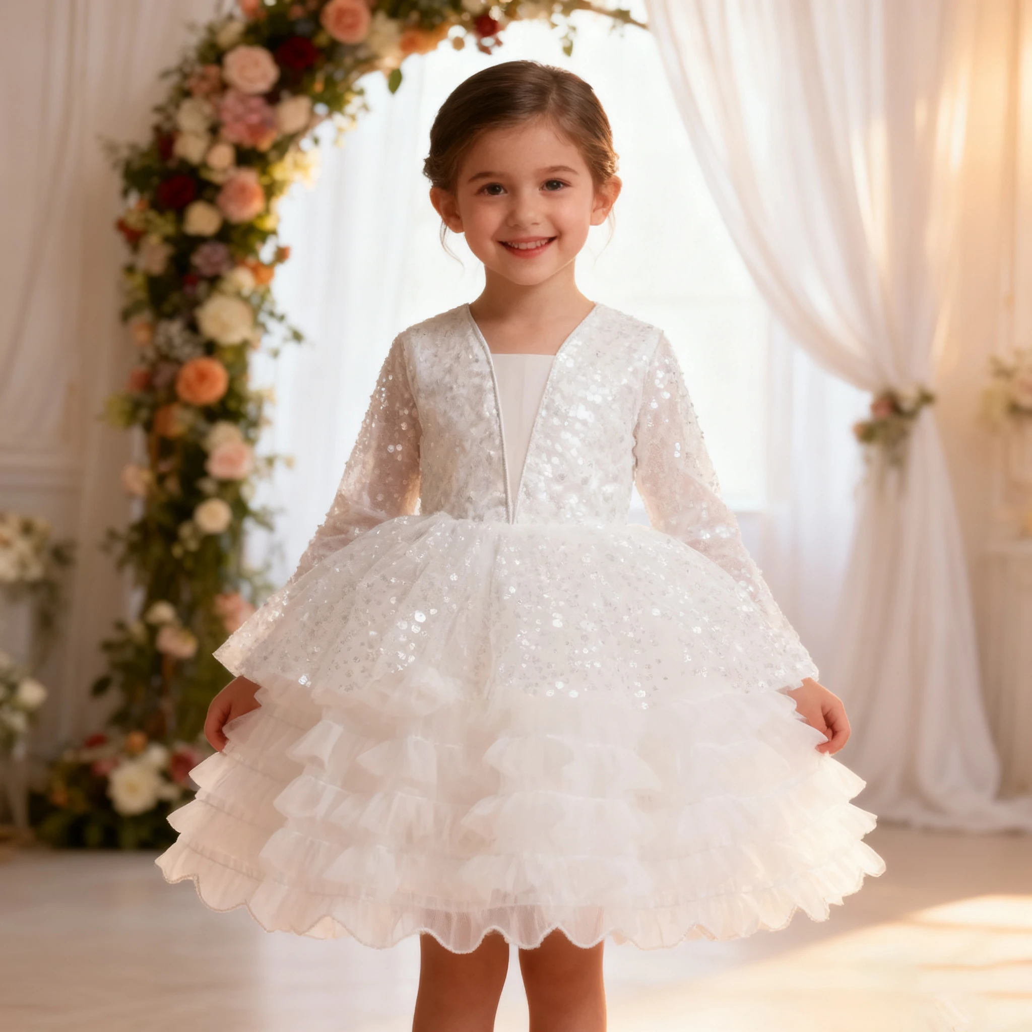 2026 Langärmliges Pailletten-Taufkleid in Weiß, Festkleid für Mädchen, Blumenmädchenkleid für Hochzeit und Geburtstagsfeier, 2-6 Jahre