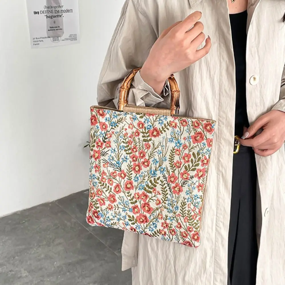Elegant Cloth Jacquard Tote Bag Flower Chinese Style Print Canvas Handbag Large Capacity Bamboo Joint Hanfu Underarm Bag Lady