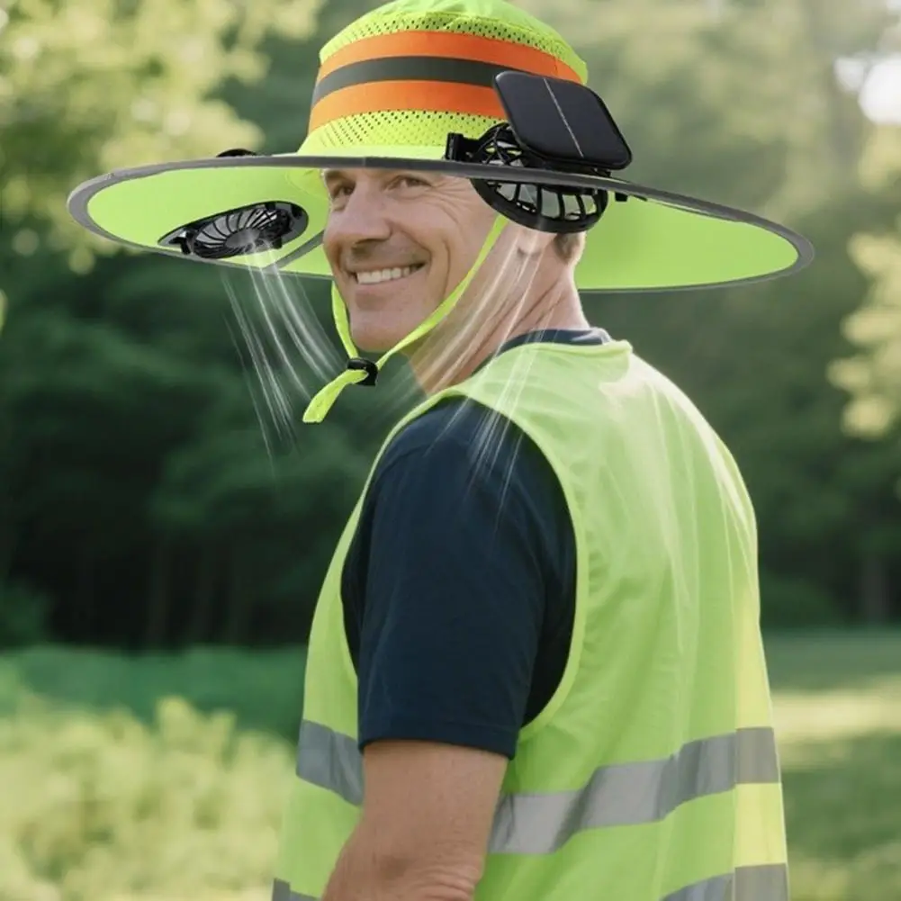 Picture 3: Sun Hat with Double Solar Fans High-Gloss Reflective Strips Safety Warning Oversized Brim Full Face UV Protection Bucket Hat Coo