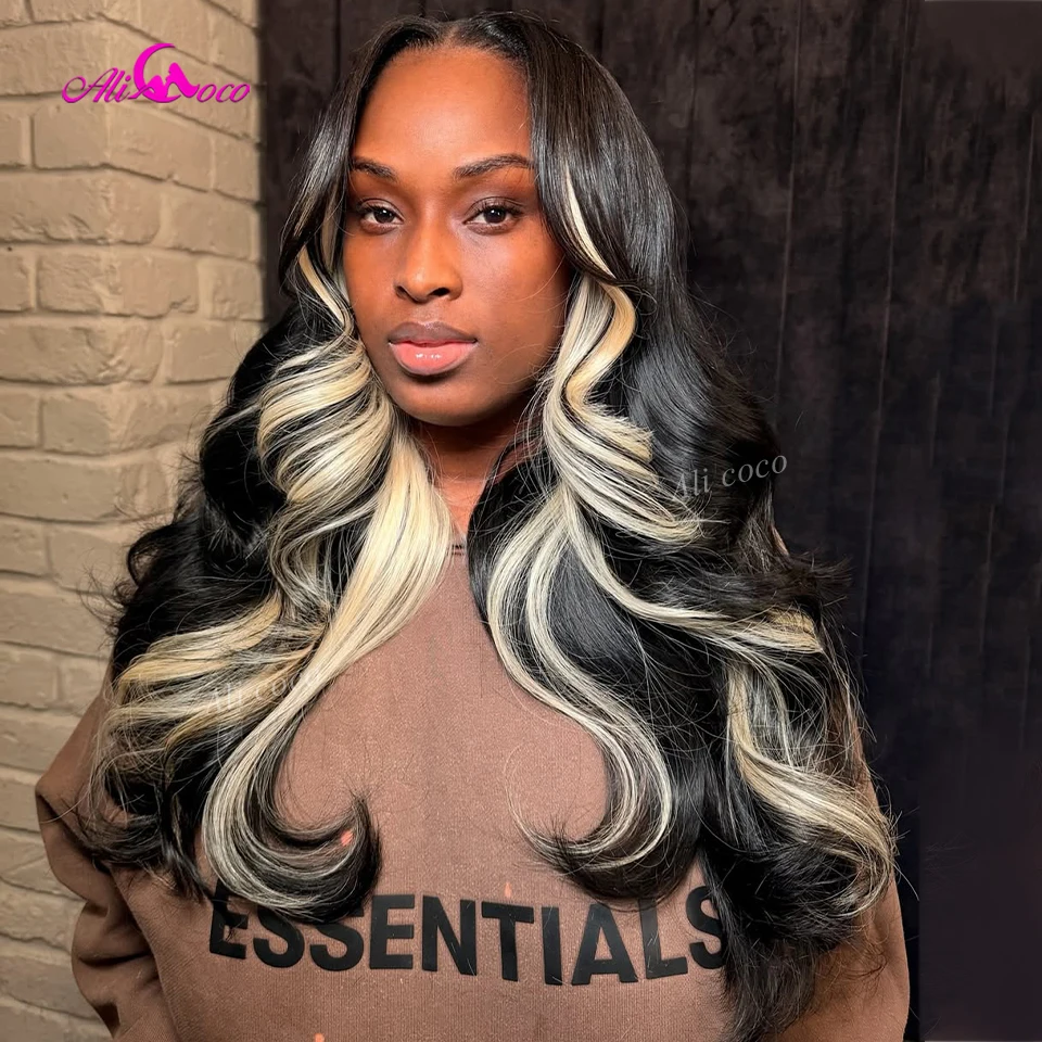 Zwart en blond gekleurd 5x5 kant sluiting 180 density body wave pruik van echt haar 13x6 kant voorkant pruiken highlight pruik vooraf geplukt