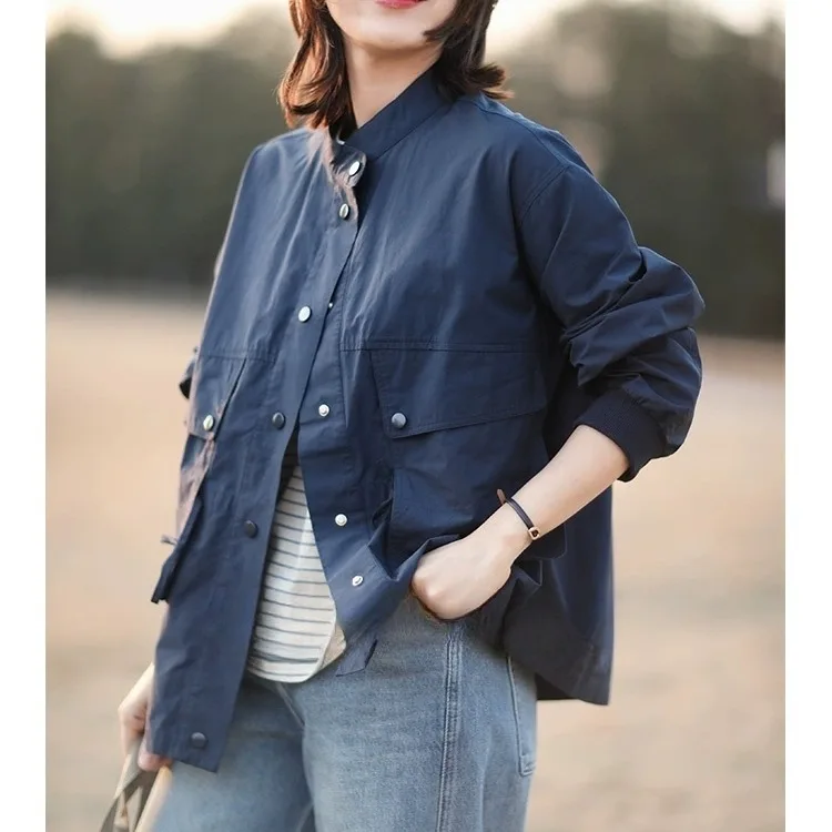 

Cool Sli Workwear Windbreaker Jaet Women's Spring Autumn Loose Slimming Versatile Long Sve Cotton Blend irt Top