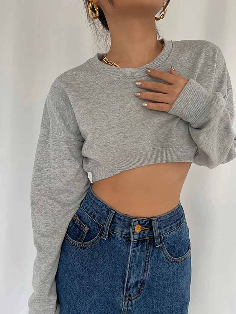 

Sean Tsing® Fashion Cropped Sweatshirts Women Long Sleeve O-neck Solid Color Hoodies Casual Loose Streetwear Girls Pullovers