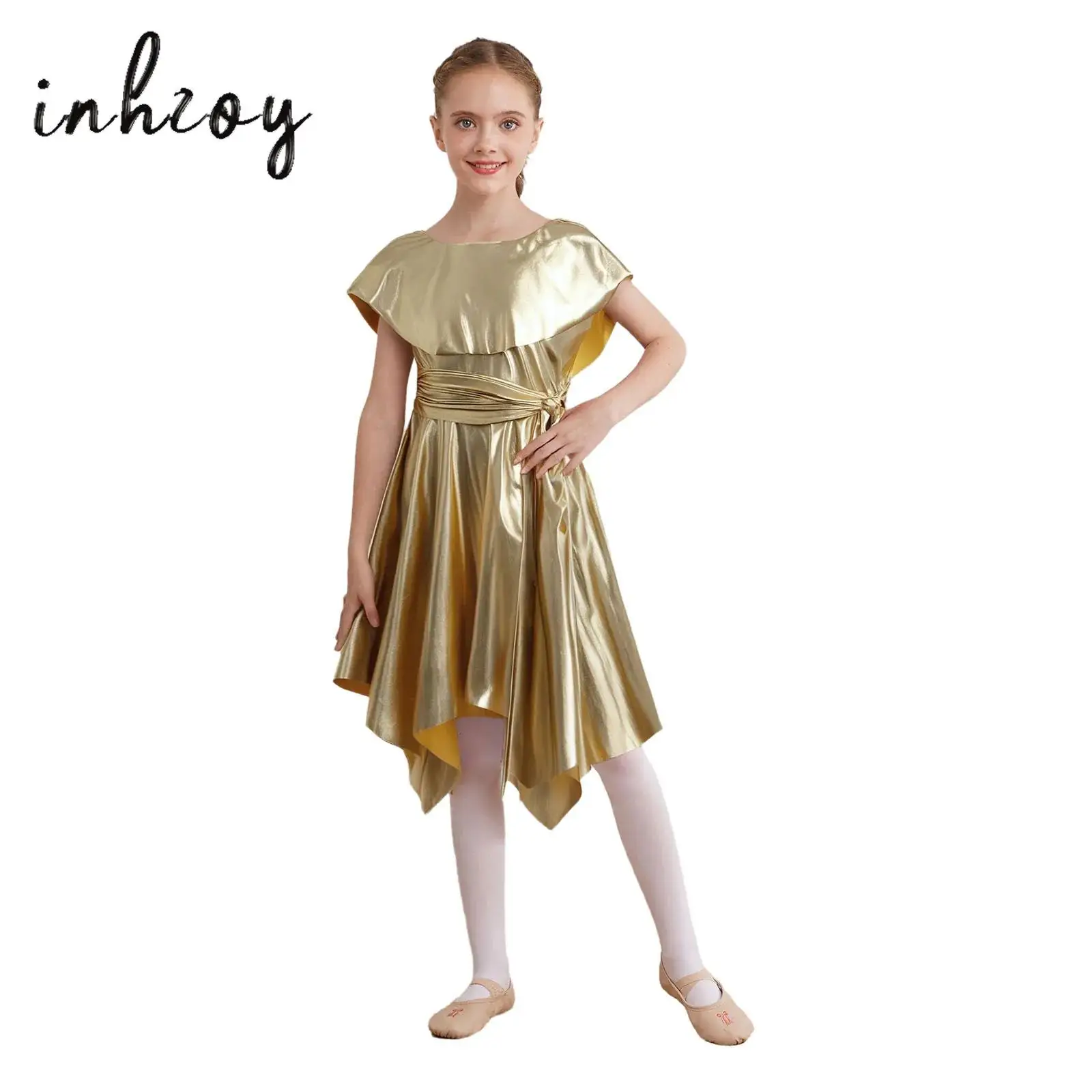 

Girls Liturgical Praise Dance Dress Church Tunic Halloween Cosplay Party Costume Metallic Asymmetrical Hem Belted Choir Dress