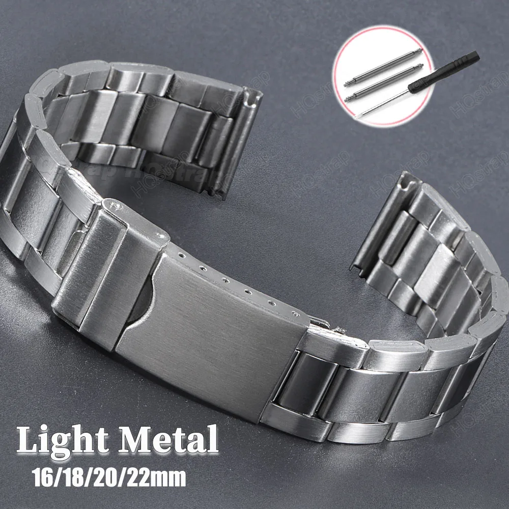 Light Stainless Steel Strap 20mm 22mm 18mm 16mm Universal Replacement Wristband Three Beads Band Middle Polished Matte Silver