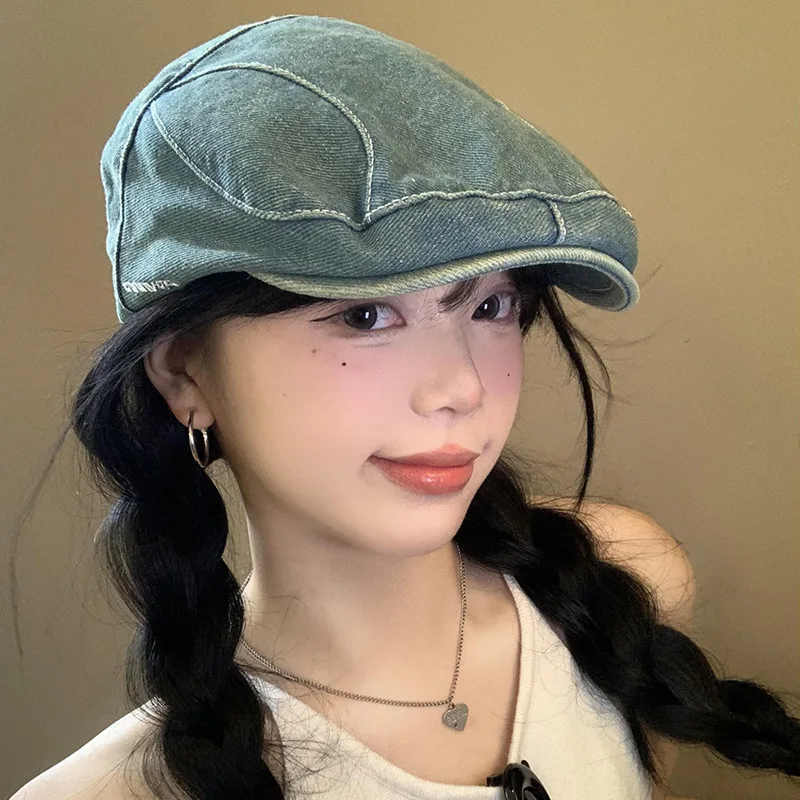 

2024 New Washed Denim Forward Hat Men's and Women's Spring and Autumn Versatile Big Head Short Brim Flat Top Peaked Cap