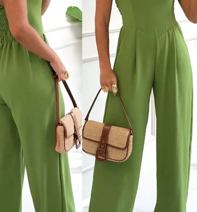 Damen-Overall mit quadratischem Ausschnitt, Spaghettiträger hinten, geraffter Cinch-Taille, weites Bein, eleganter Overall