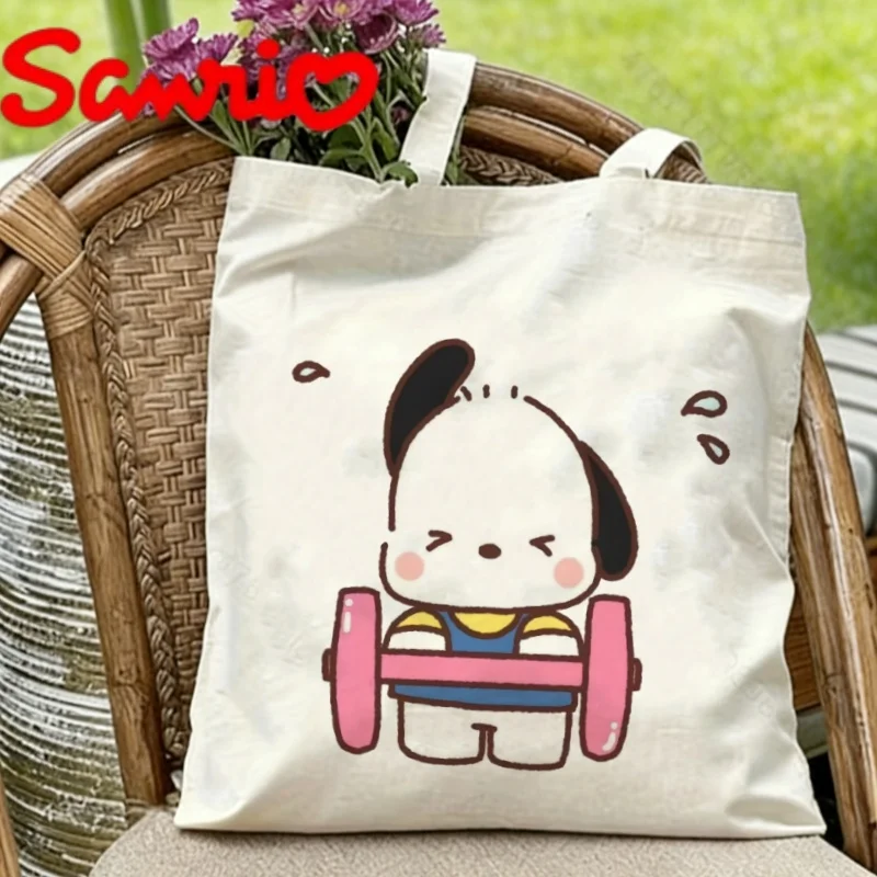 

1PC Sanrio Pochacco the Dog Lifting Pink Barbell Print Eco-friendly Canvas Shoulder Bag
