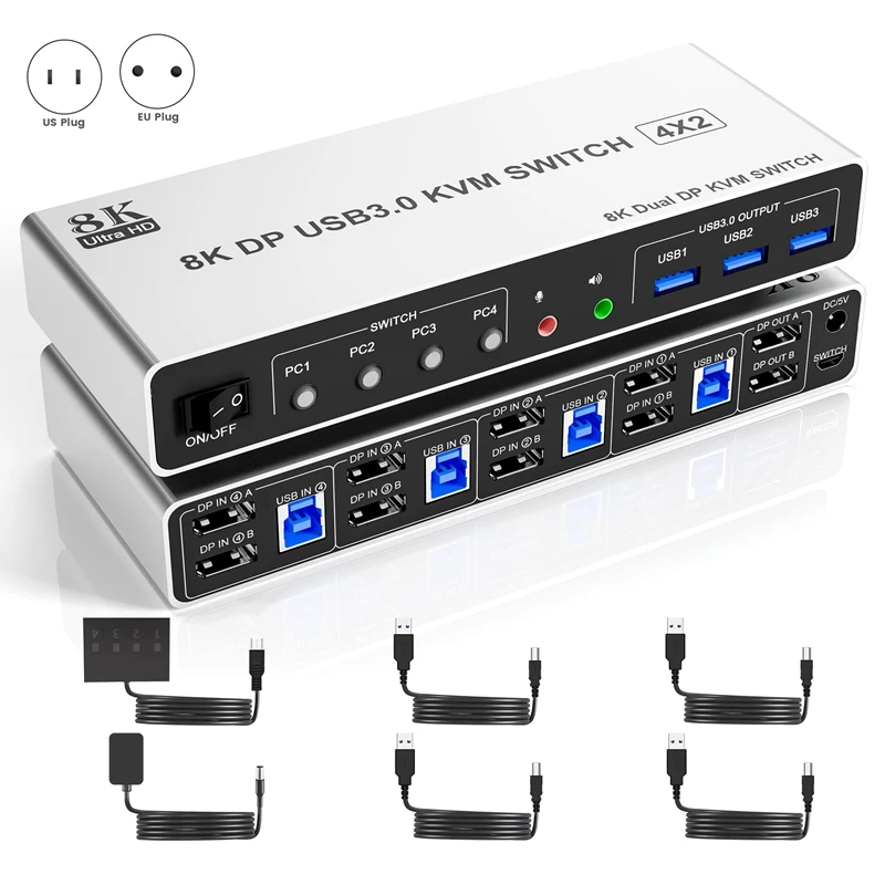 8K@60Hz USB3.0 Displayport KVM Switch 2 Monitors 4 Computers, 4 Port DP1.4 Dual Monitor DP KVM Switch With Audio