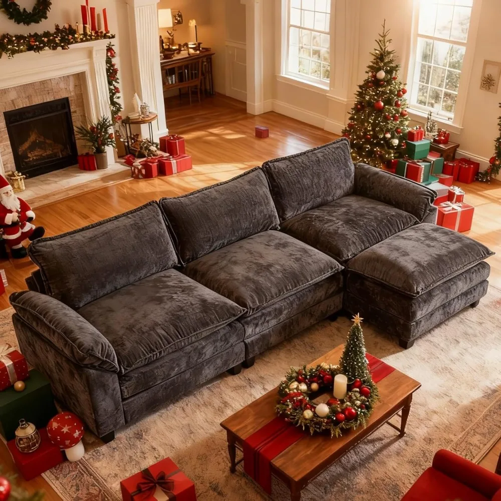 

Sectional Sofa Modular Deep Seat Sofa Couch with Ottoman, Chenille Sofa Sleeper Comfy Upholstered Furniture for Living